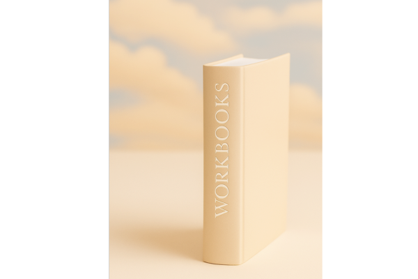 Beige book with Workbooks engraved on the side