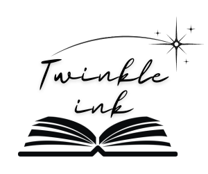 Twinkle Ink logo with handwritten-style text above an open book and three sparkling stars.