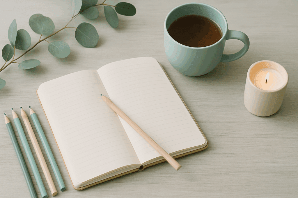 Flat-lay of a cozy creative workspace featuring an open lined notebook with pastel pencils, a light blue mug of tea, a lit candle, and eucalyptus leaves on a light wooden surface.