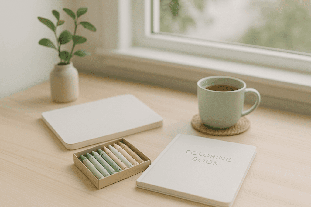 Light and airy workspace with a pastel box of crayons, a closed coloring book, a small potted plant, and a mint green cup of tea by a window on a wooden desk.