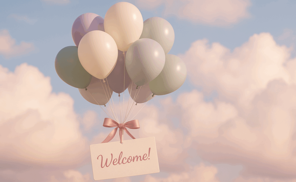 A soft pastel photograph of floating balloons in sage, lavender, cream, and blush colors tied with a pink ribbon. The balloons carry a cream-colored tag that reads “Welcome!” against a dreamy sky of fluffy sunrise clouds.