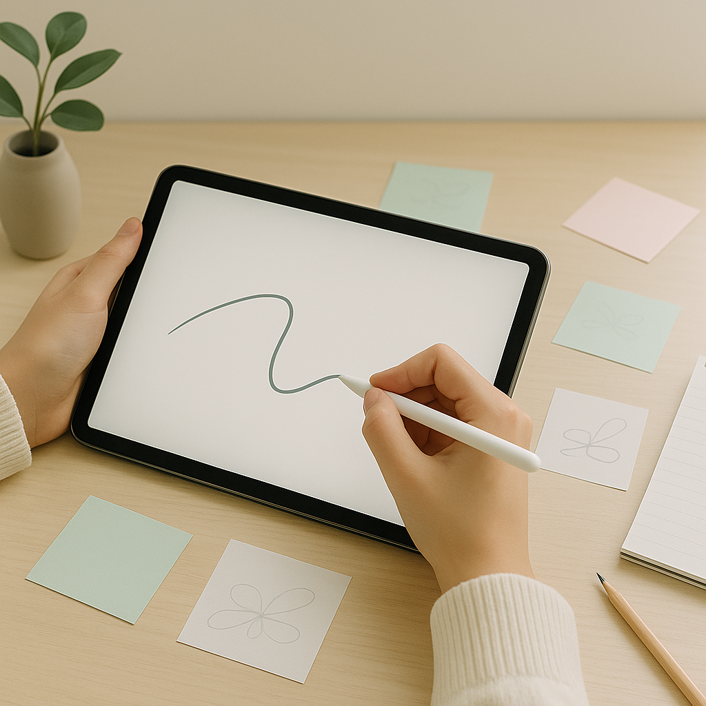 Creative workspace with hands drawing a flowing line on a digital tablet using a white stylus, surrounded by pastel sticky notes, a notepad, a pencil, and a small potted plant on a light wooden desk.