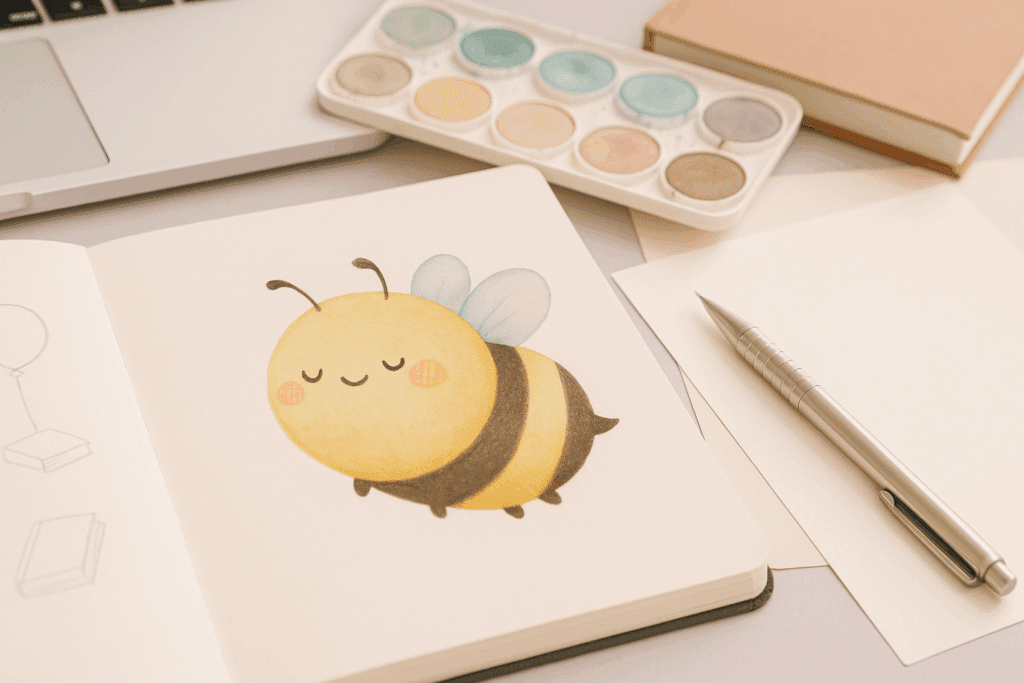 Hand drawn drawing of a bumblebee for a storybook concept.