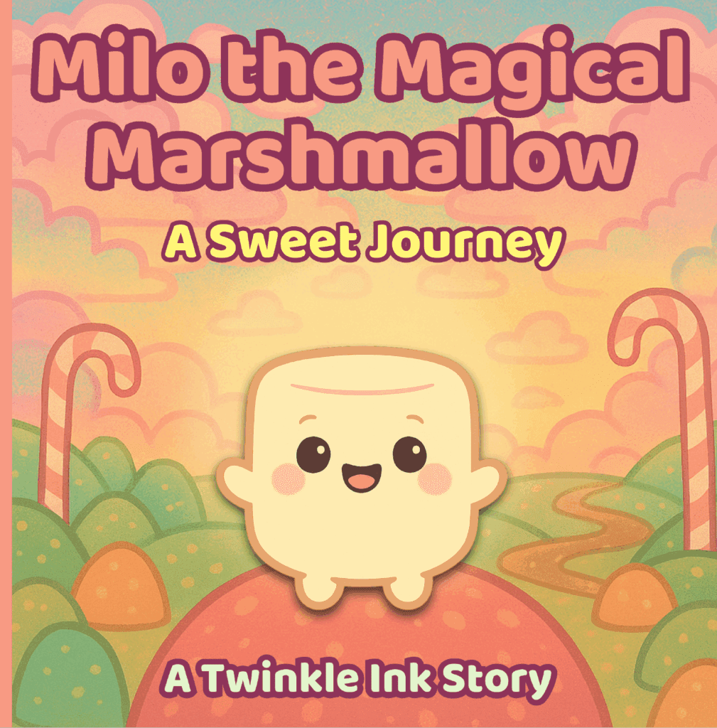 Cover of the book βMilo the Magical Marshmallow: A Sweet Journey,β featuring a happy marshmallow character in a colorful candy-themed landscape.
