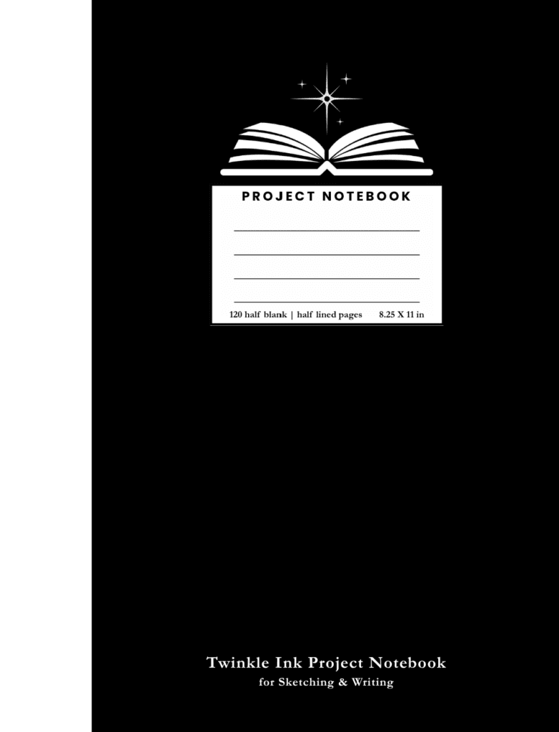 Twinkle Ink Project Notebook in black with half blank and half lined pages for sketching and writing.