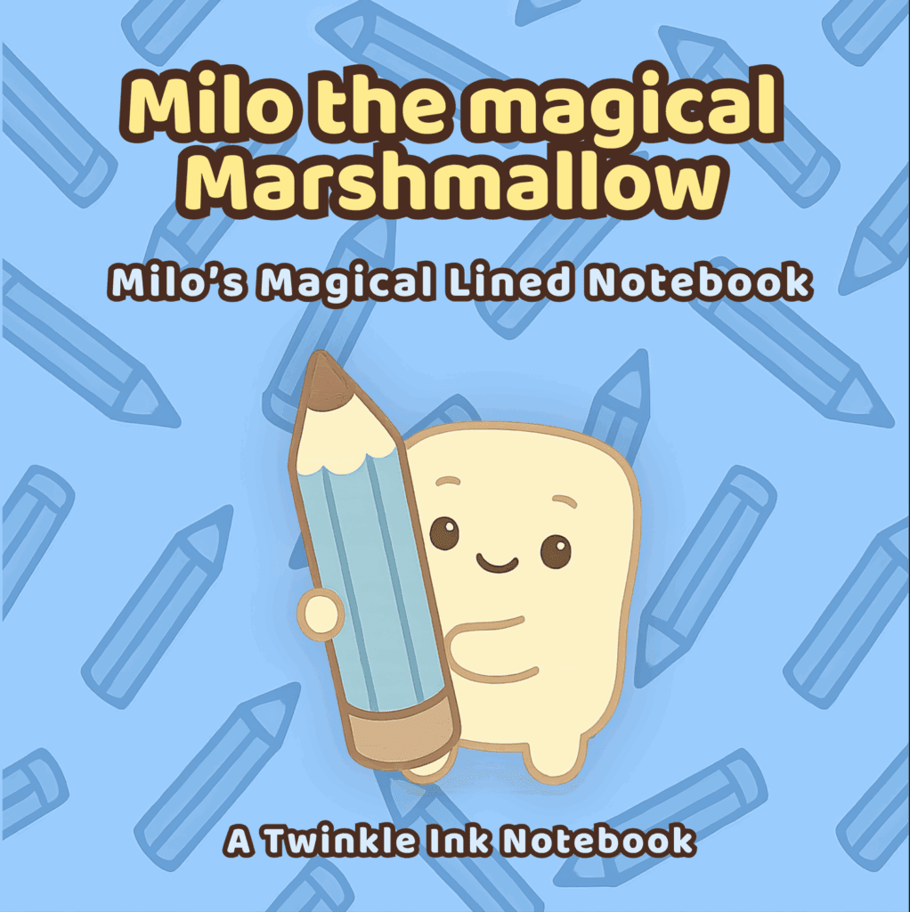 Blue Twinkle Ink notebook cover with soft floral patterns and a cute character illustration.