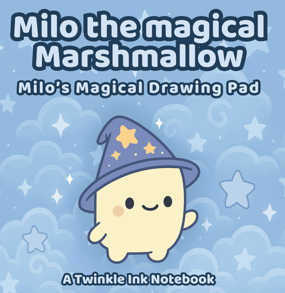 Blue Twinkle Ink drawing pad cover featuring Milo the Magical Marshmallow with playful cloud patterns.