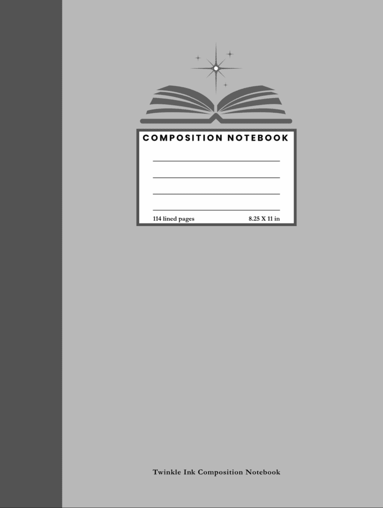Gray Twinkle Ink composition notebook cover with an open book and sparkles illustration.
