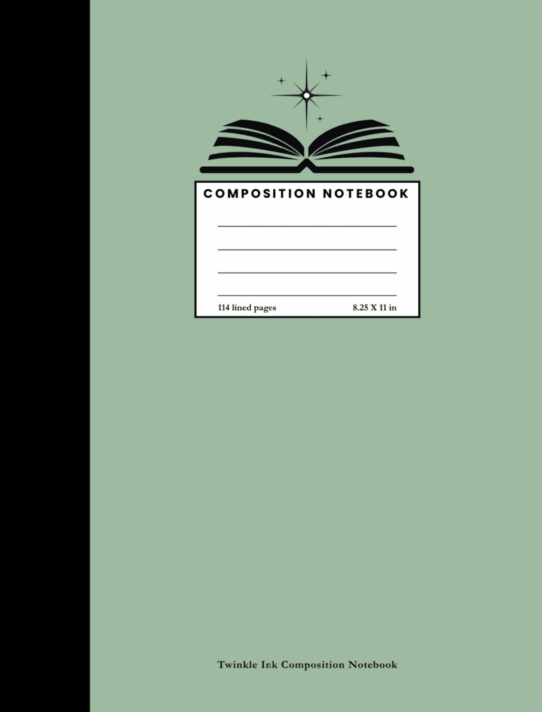 Green Twinkle Ink composition notebook cover with an open book and sparkles illustration.