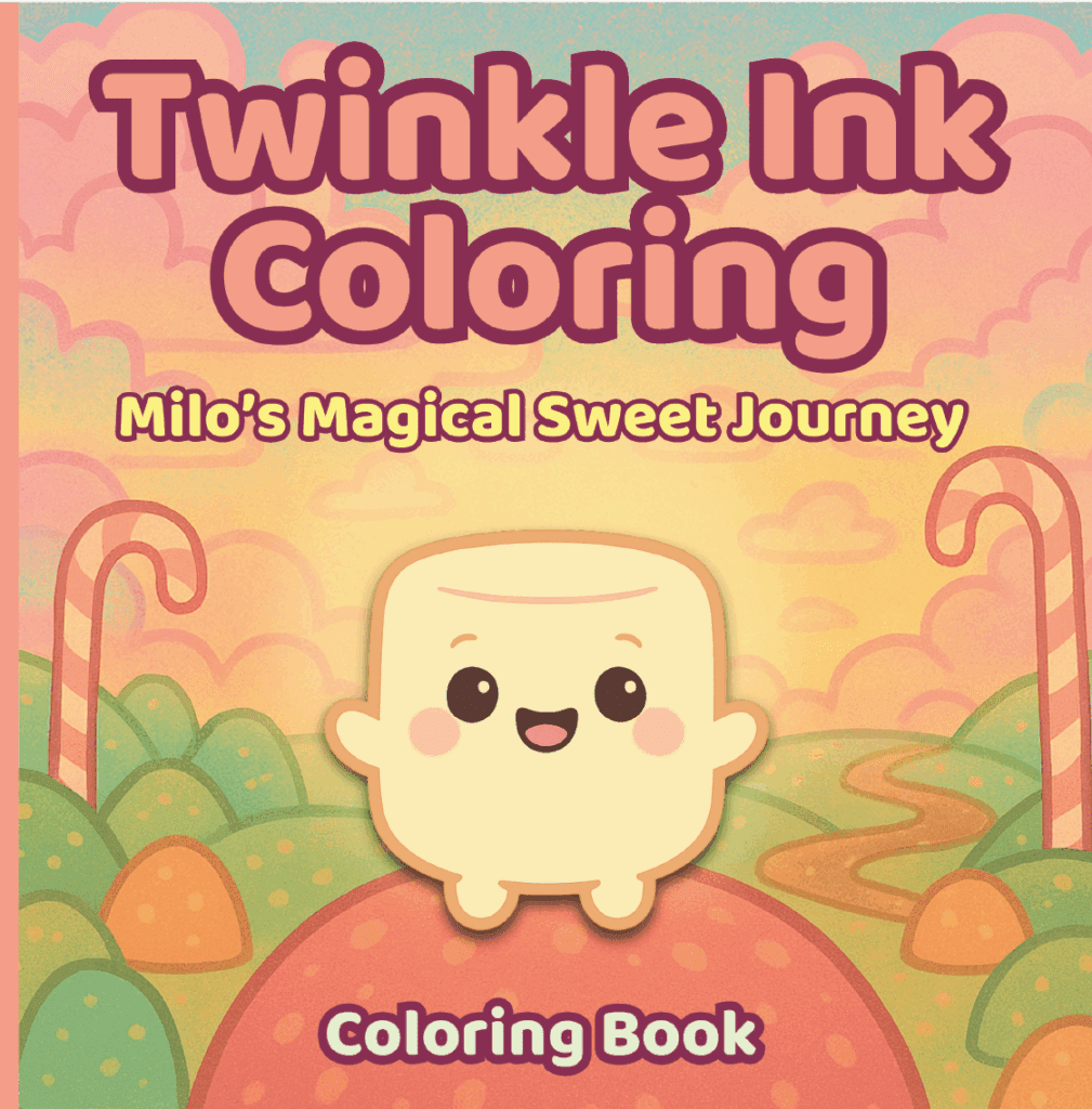 Cute marshmallow character in a candy-themed landscape on the cover of “Twinkle Ink Coloring: Milo’s Magical Sweet Journey” coloring book.