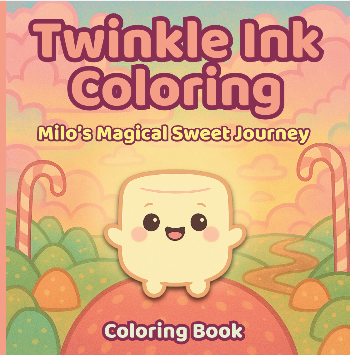 Cute marshmallow character in a candy-themed landscape on the cover of “Twinkle Ink Coloring: Milo’s Magical Sweet Journey” coloring book.