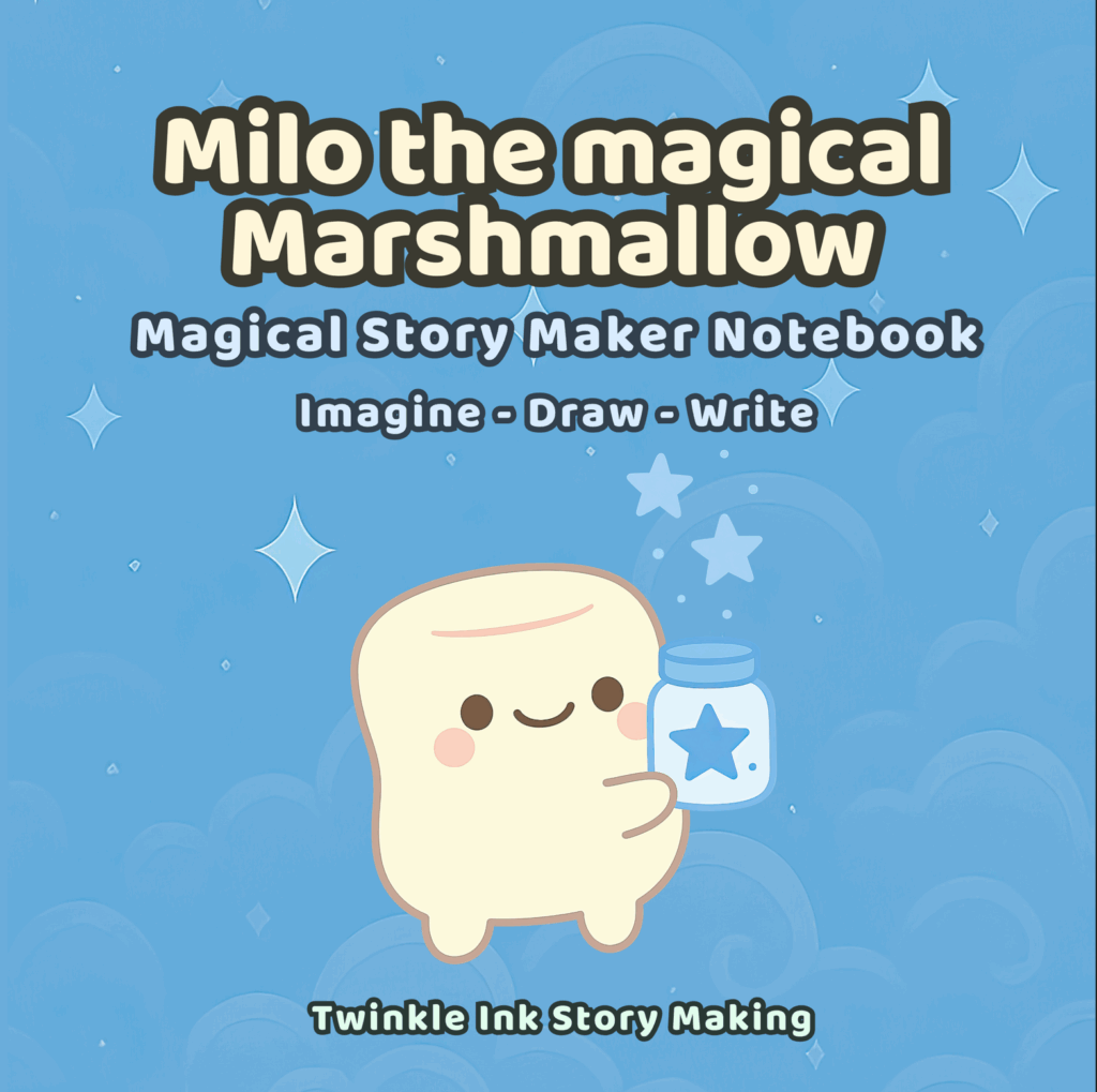 Blue Twinkle Ink notebook featuring Milo the Magical Marshmallow on the cover, with half blank and half lined pages for creativity and journaling.