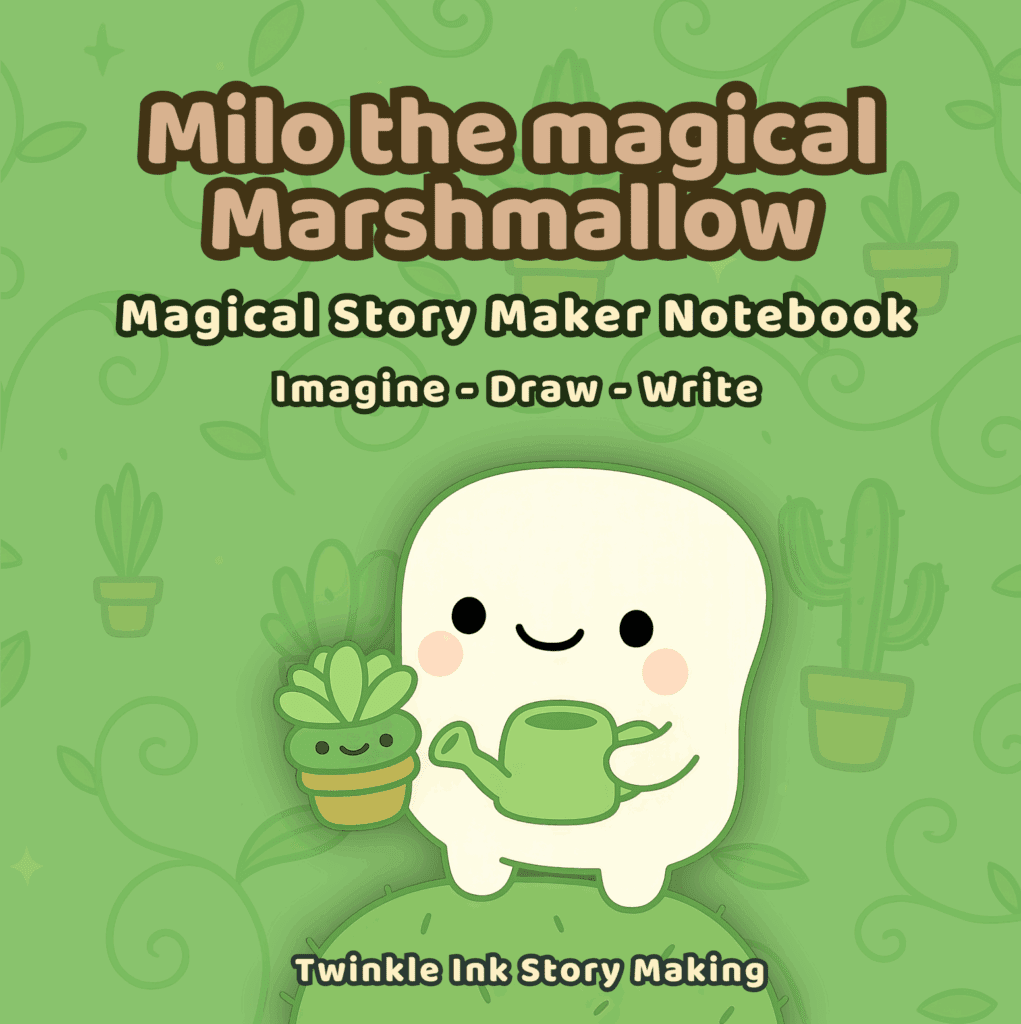 Green Twinkle Ink notebook featuring Milo the Magical Marshmallow on the cover, with half blank and half lined pages for creativity and journaling.