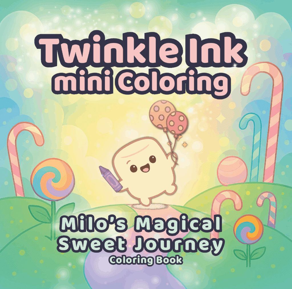 Milo the Magical Marshmallow mini coloring book with pastel candyland background.
