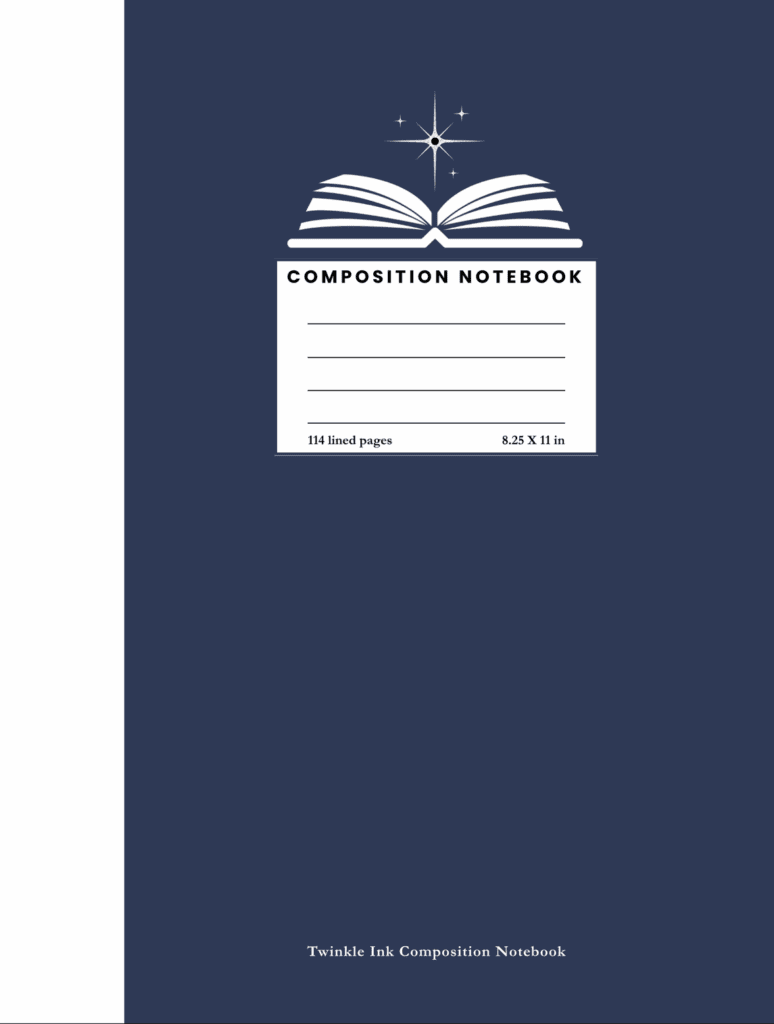 Navy blue Twinkle Ink composition notebook cover with an open book and sparkles illustration.