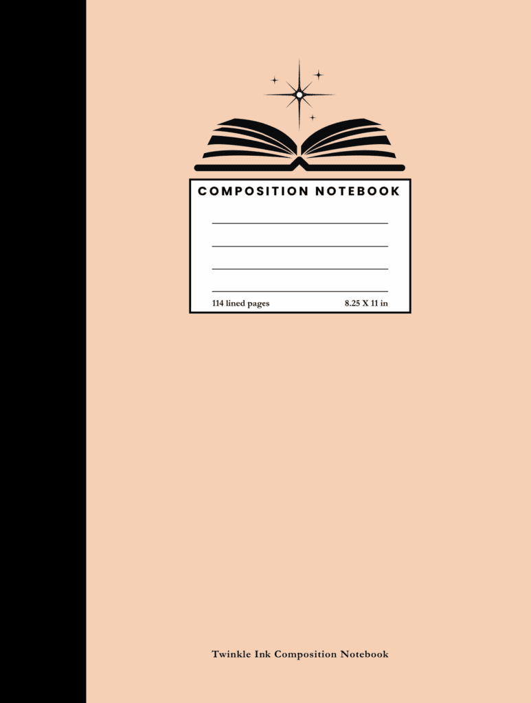 Orange Twinkle Ink composition notebook cover with an open book and sparkles illustration.