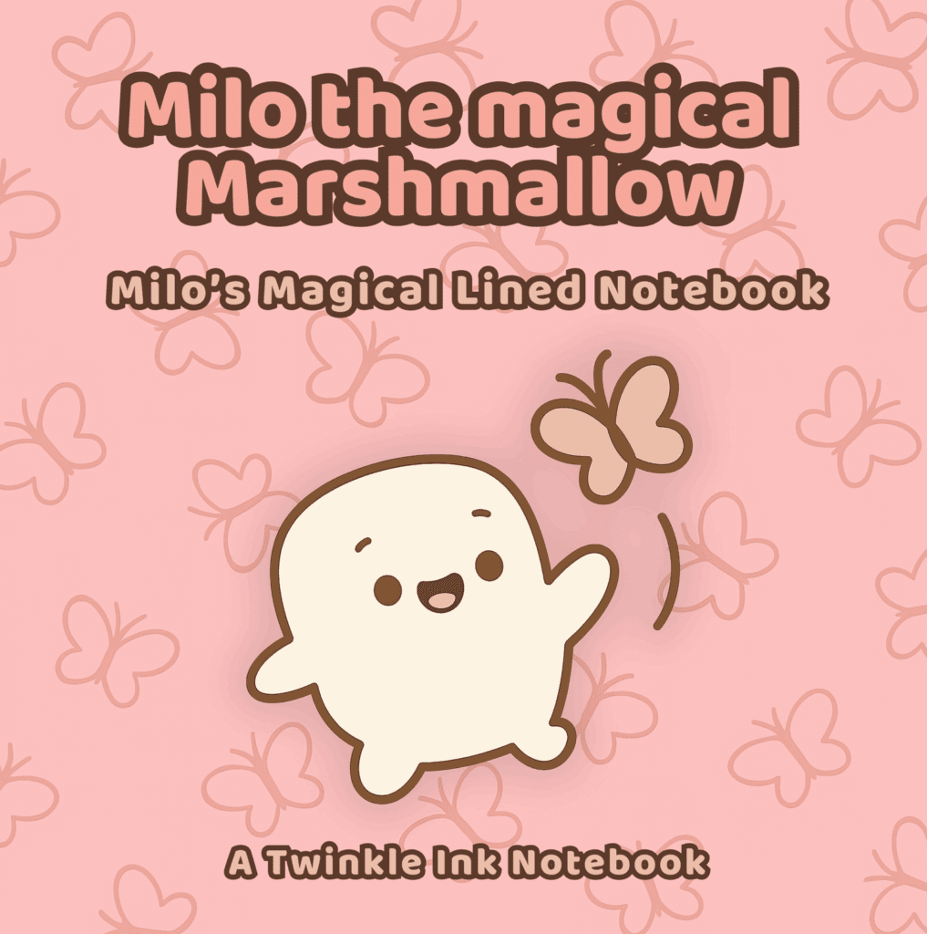 Pink Twinkle Ink notebook cover with soft floral patterns and a cute character illustration.