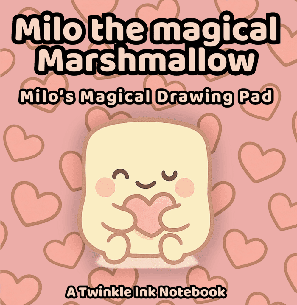 Pink Twinkle Ink drawing pad cover featuring Milo the Magical Marshmallow with whimsical heart patterns.