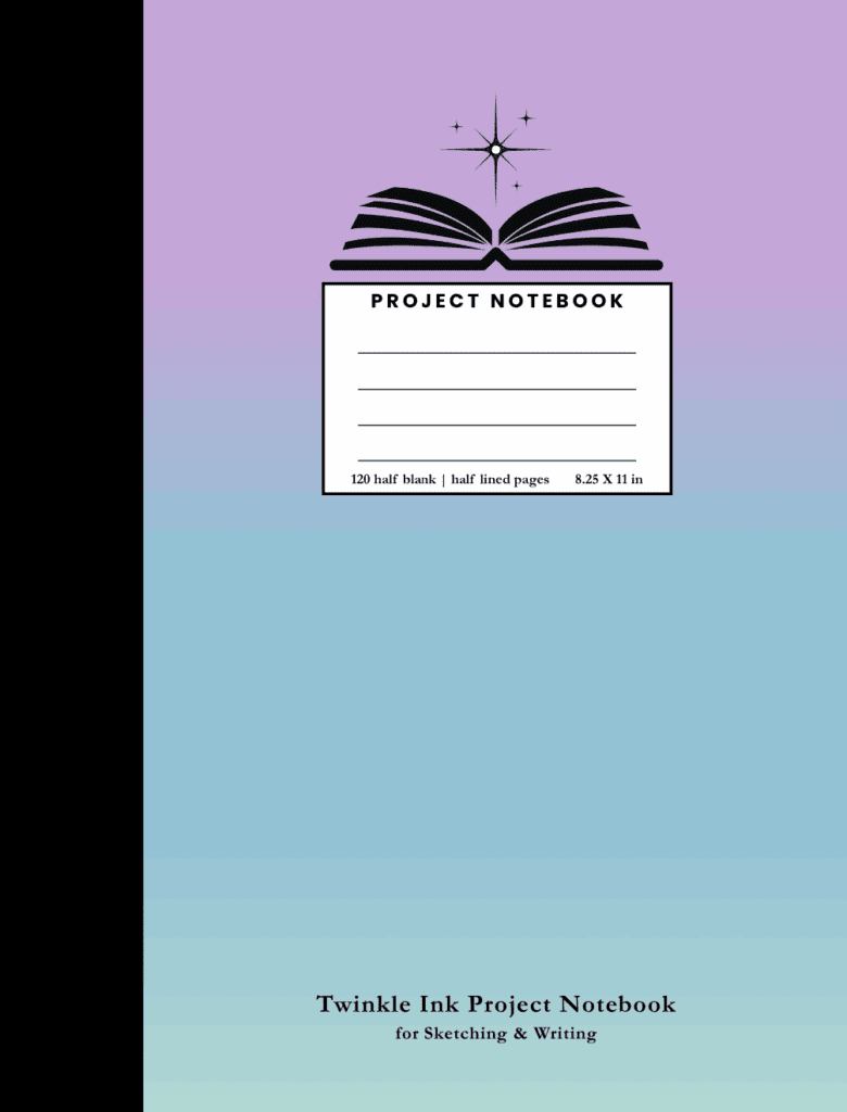 Twinkle Ink Project Notebook with a soft purple, blue, and teal cover design, featuring half blank and half lined pages for brainstorming and writing.