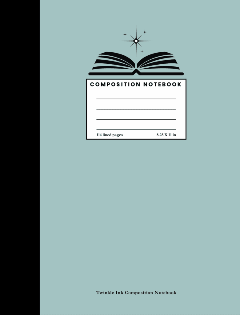 Teal Twinkle Ink composition notebook cover with an open book and sparkles illustration.