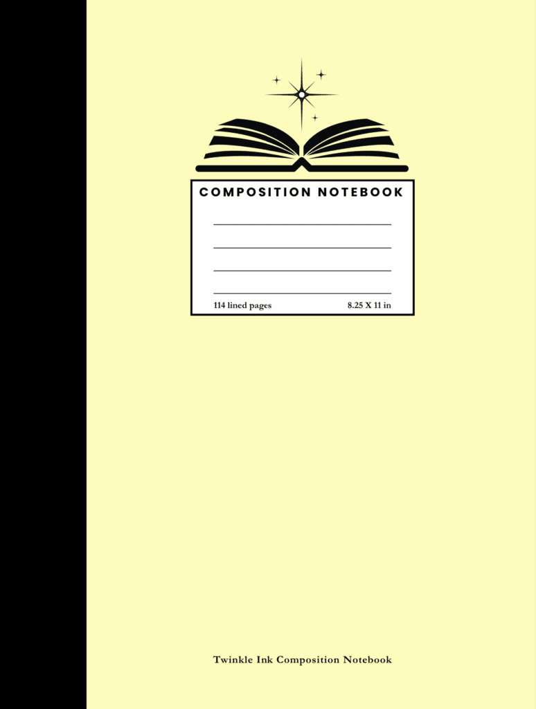 Yellow Twinkle Ink composition notebook cover with an open book and sparkles illustration.