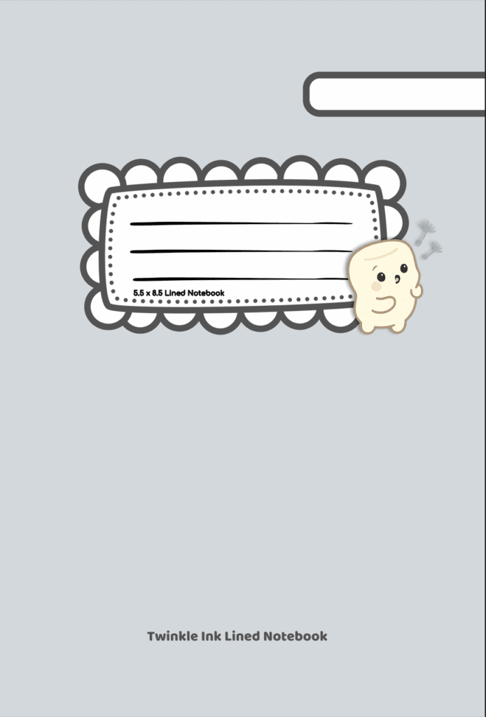 Light gray Twinkle Ink lined notebook cover with a cute kawaii marshmallow character smiling in the corner.