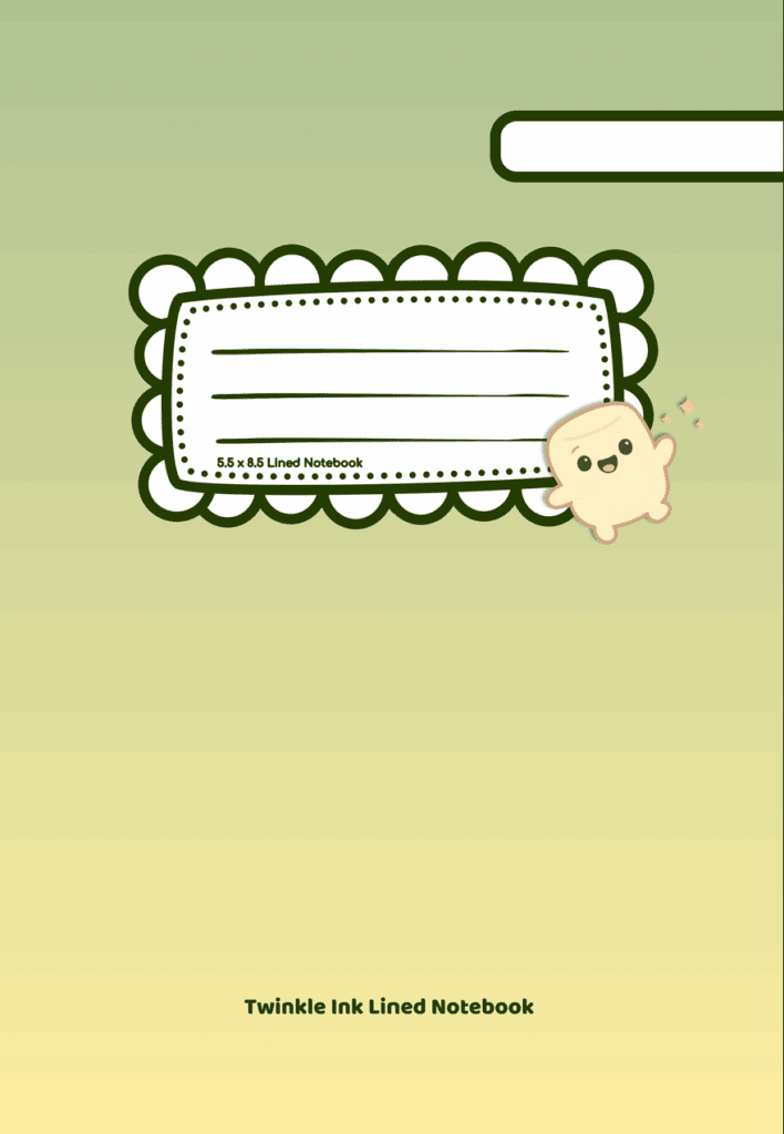 Green-yellow Twinkle Ink lined notebook cover with a cute smiling kawaii character in the corner.