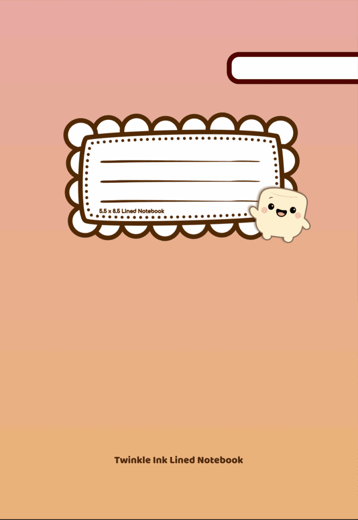 Pink-orange Twinkle Ink lined notebook cover with a cute kawaii character smiling in the corner.