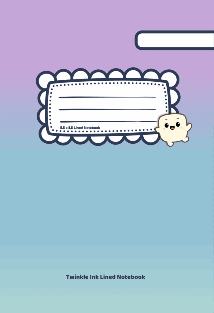 Purple-blue-teal Twinkle Ink lined notebook cover with an adorable kawaii character in the corner.