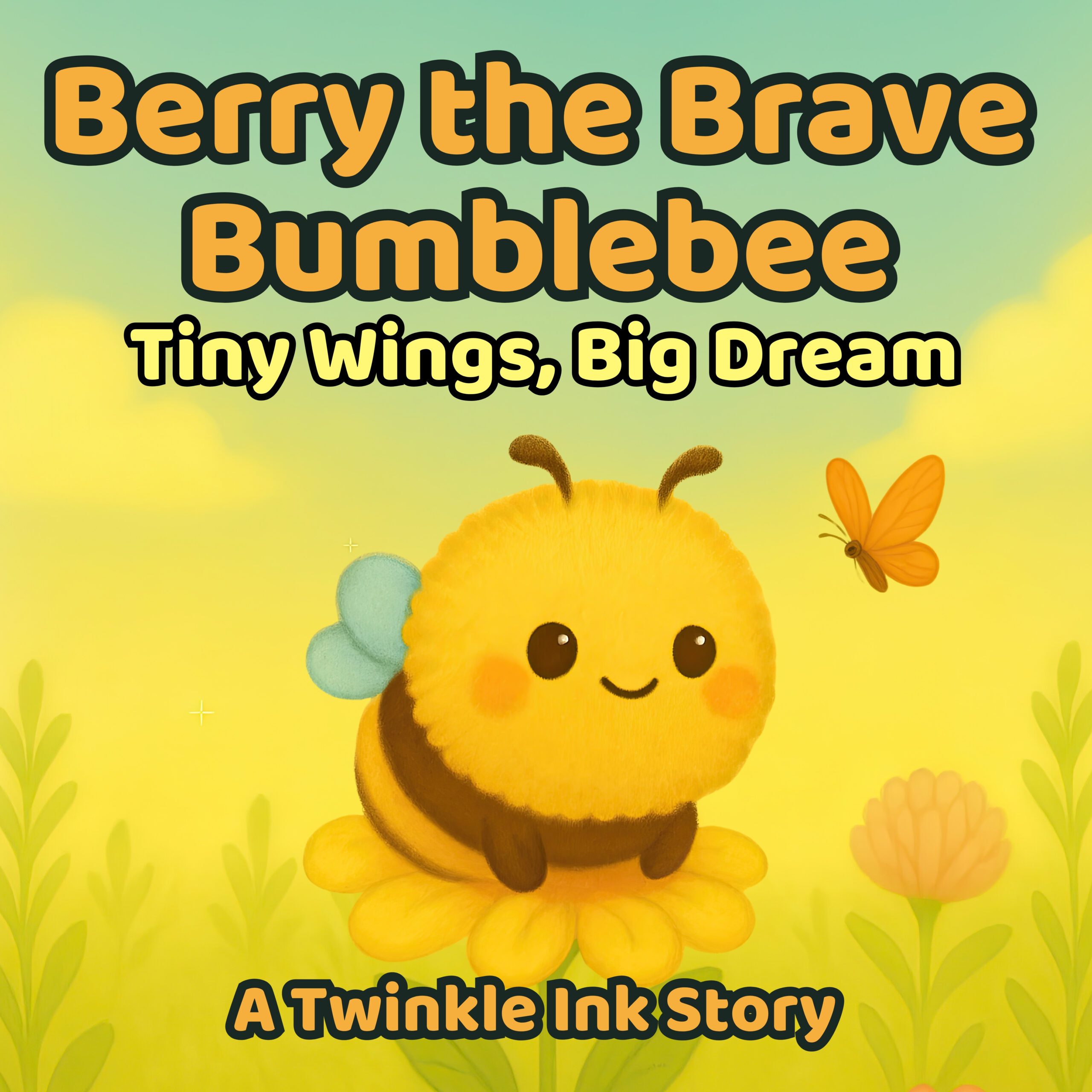 Cover of “Berry the Brave Bumblebee: Tiny Wings, Big Dream,” a Twinkle Ink children’s storybook. Features an adorable yellow-and-brown bumblebee with tiny blue wings sitting on a sunflower, smiling at an orange butterfly against a soft yellow background with flowers and grass.