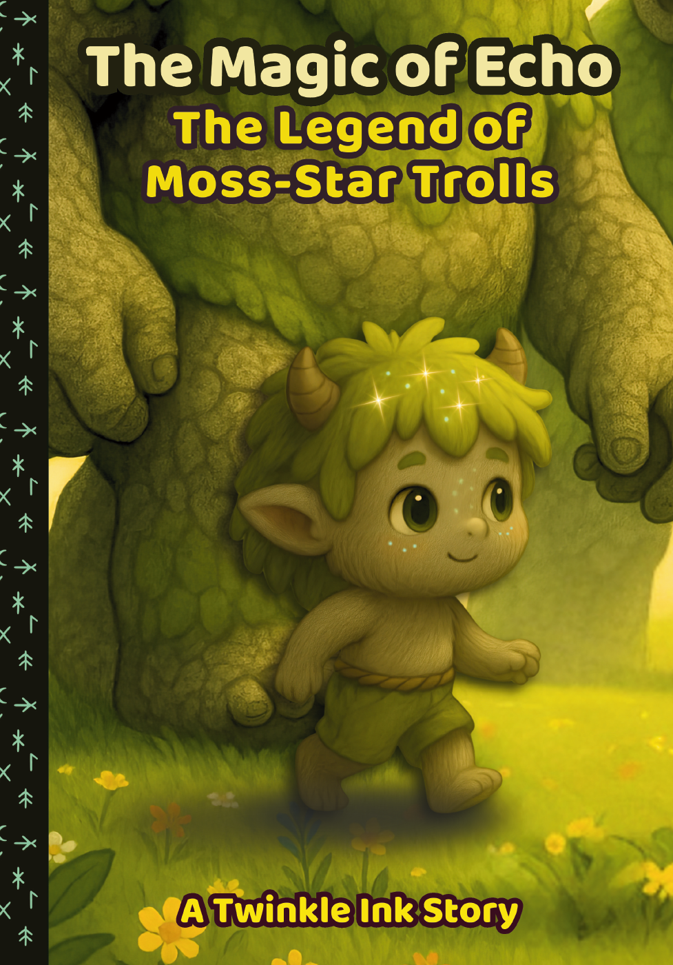 Cover of “The Magic of Echo: The Legend of Moss-Star Trolls,” a Twinkle Ink children’s storybook featuring a small green troll with mossy hair, standing in a glowing forest beside a giant troll’s hand.