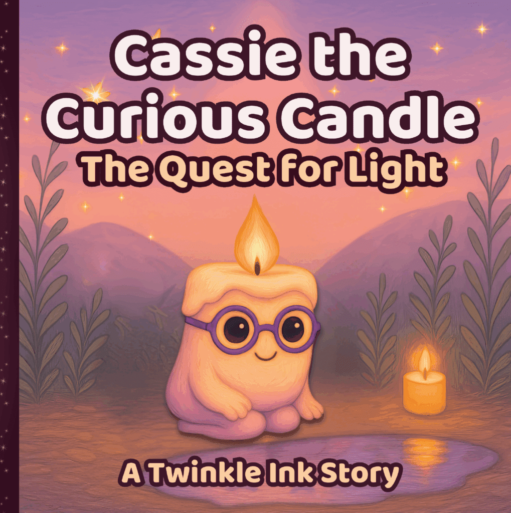 Cover of “Cassie the Curious Candle: The Quest for Light,” a Twinkle Ink children’s storybook featuring a glowing pink-and-yellow candle character with round glasses, set against a warm, magical sunset scene with another candle in the background.