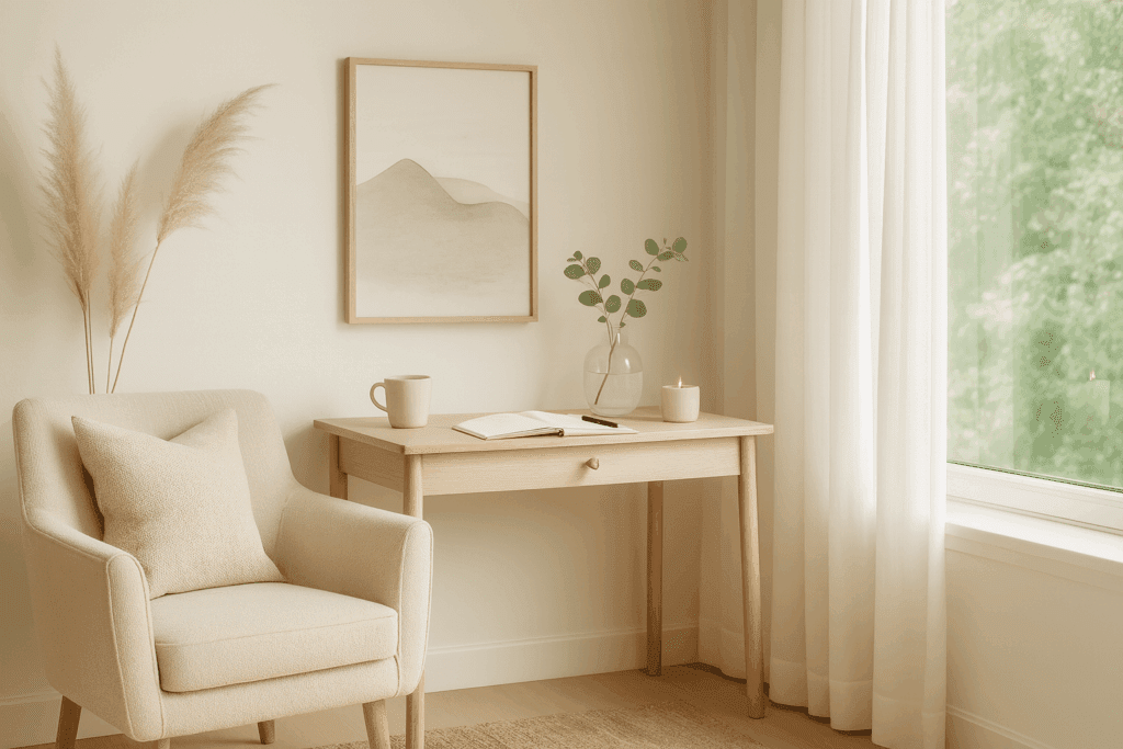 A cozy journaling nook with a soft beige sofa, sunlight through sheer curtains, and a notebook on the table – a calm space to place pen to paper.