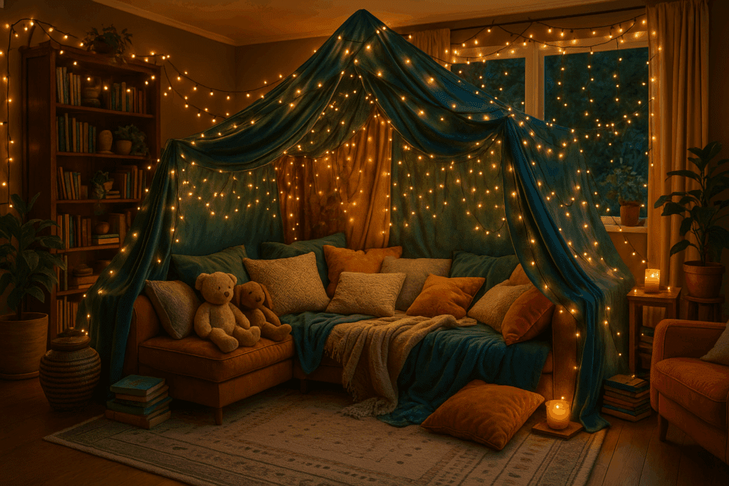 A cozy reading nook draped in warm string lights, filled with books, pillows, and a glowing lamp — a peaceful space for storytime and imagination.