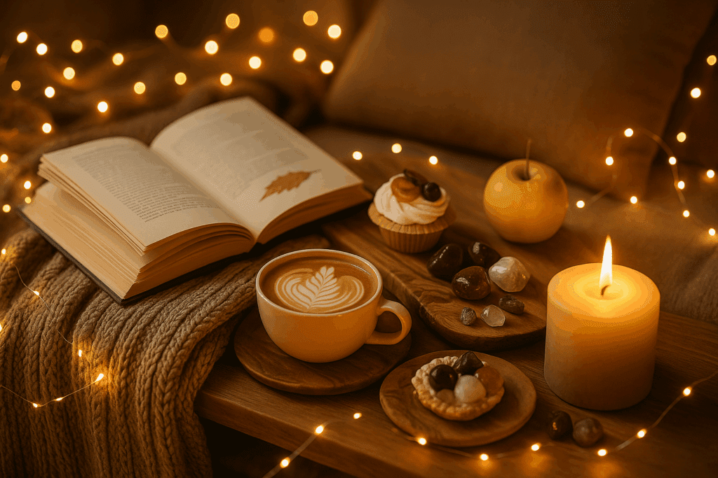 A cozy journaling scene with an open notebook, candles, and a warm cup of coffee on a blanket surrounded by soft golden lights.