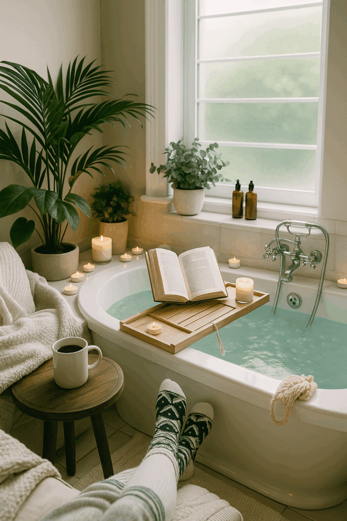 A cozy bathroom retreat with a warm bath, soft towels, candles, and an open journal beside a steaming cup of tea — a calm, self-care ritual scene.