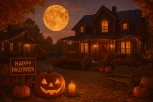 A cozy Halloween night scene featuring a warmly lit house with glowing jack-o’-lanterns, twinkle lights, and autumn leaves under a full moon — evoking calm, creativity, and seasonal magic.