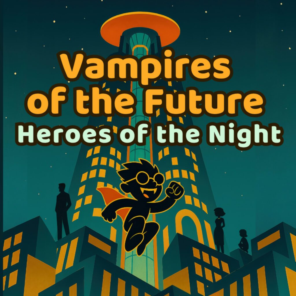 Cover of Vampires of the Future: Heroes of the Night — a bold, futuristic children’s adventure story set under a glowing city sky.