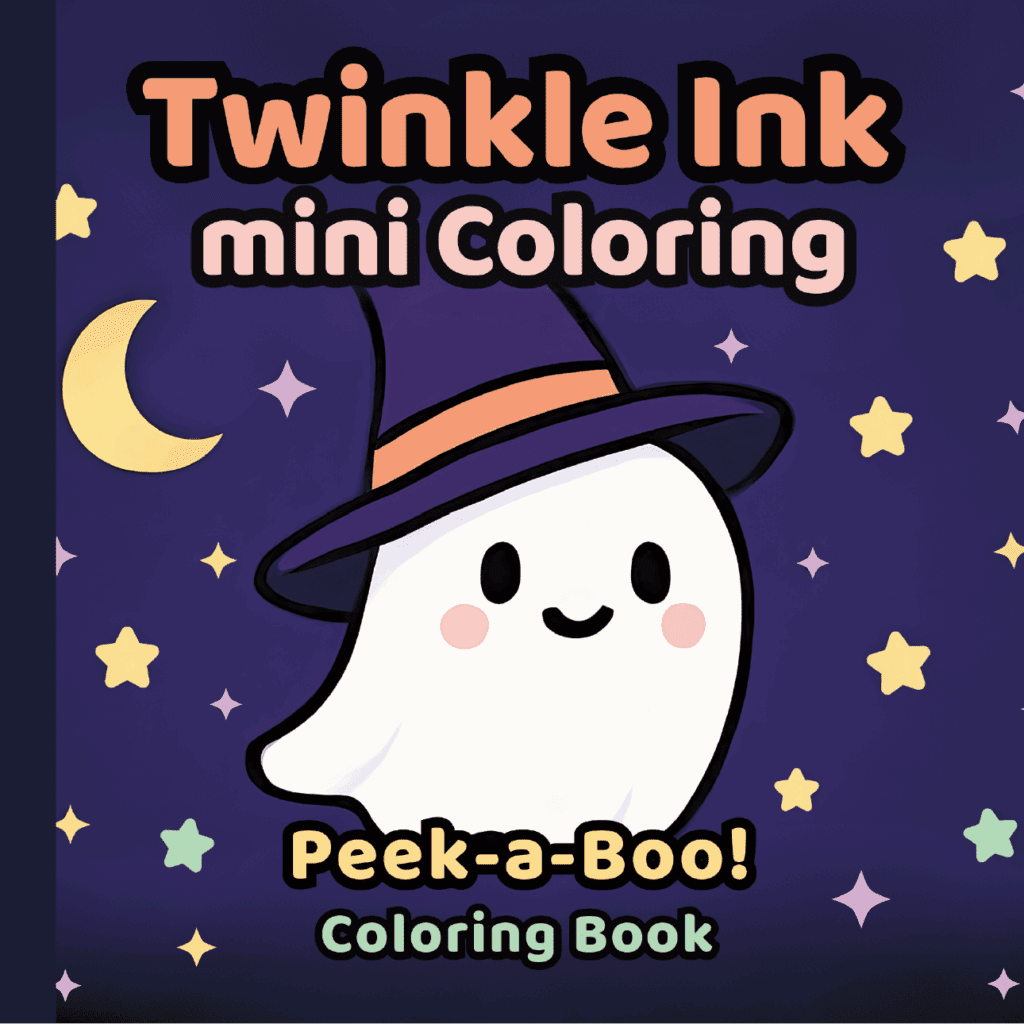 Book cover for Twinkle Ink Mini Coloring: Peek-a-Boo! — features a cute white ghost wearing a witch hat, surrounded by yellow stars and a crescent moon on a purple night sky background.