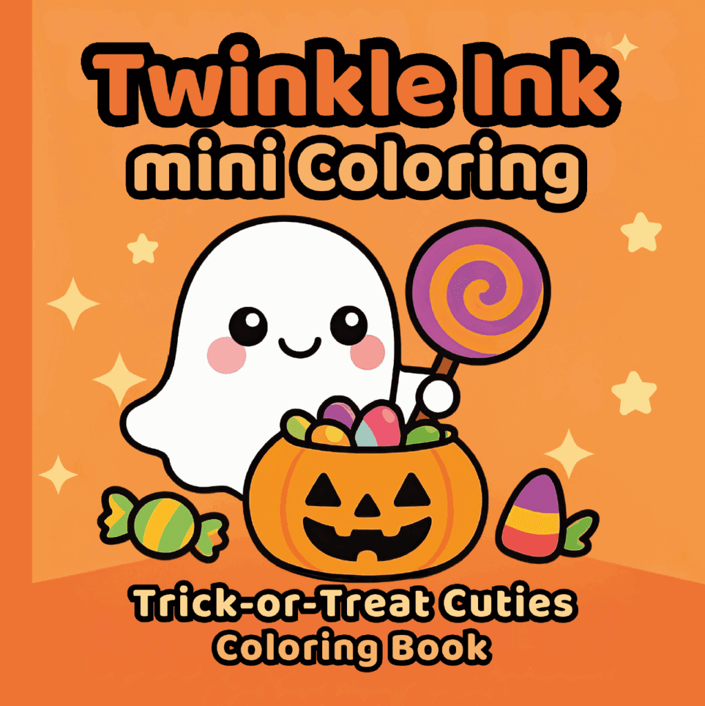 Book cover for Twinkle Ink Mini Coloring: Trick-or-Treat Cuties — features a smiling ghost holding a lollipop beside a pumpkin candy bucket, surrounded by stars, sweets, and a bright orange Halloween background.