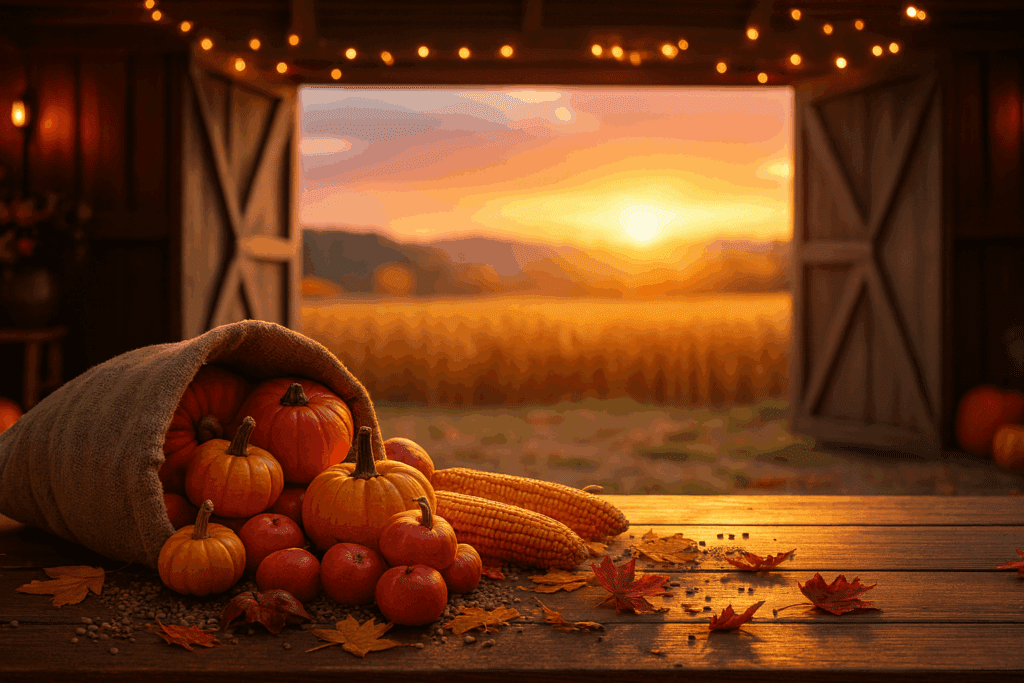 Warm autumn sunset shining through a barn with pumpkins, hay, and cozy golden light — symbolizing November warmth and gratitude.