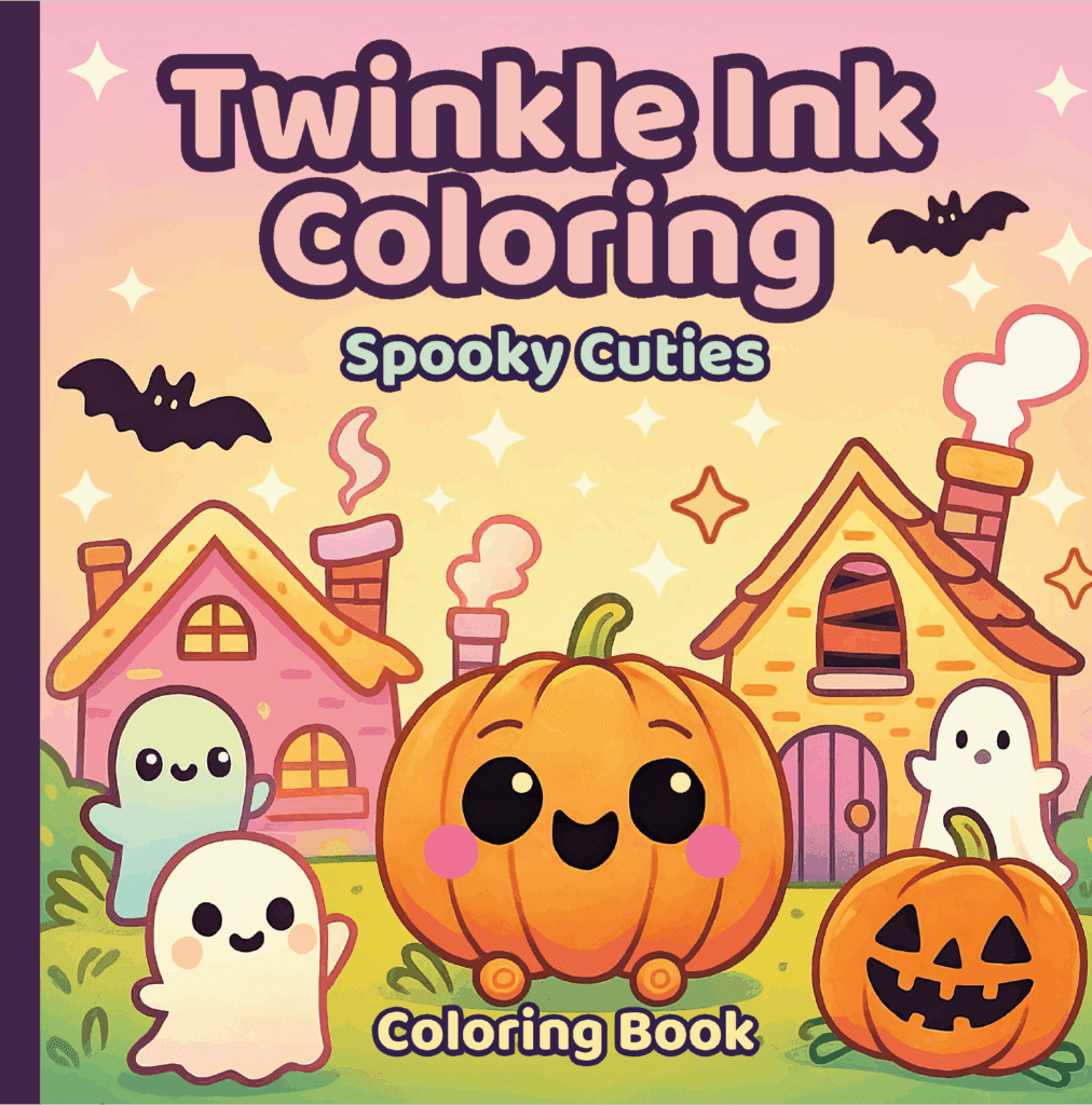 Book cover for Twinkle Ink Coloring: Spooky Cuties — features an adorable Halloween cottage with a smiling jack-o’-lantern, ghost, and bat in a pastel pink and orange scene.