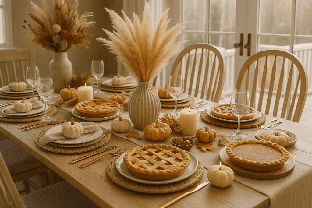 A cozy Thanksgiving table set with pie, pumpkins, and autumn decor in warm golden light — a peaceful celebration of gratitude and togetherness.