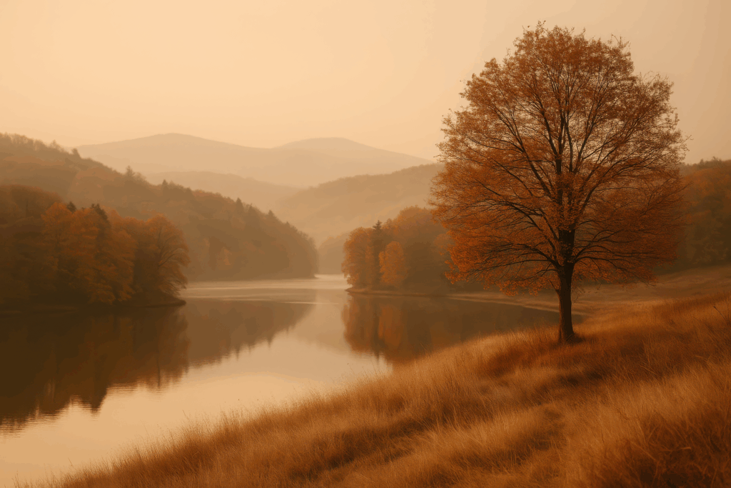 A calm autumn landscape with golden trees reflecting on still water — a peaceful reminder to slow down and be grateful for life’s little things.