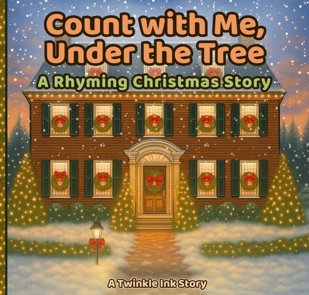 Book cover for Count with Me, Under the Tree: A Rhyming Christmas Story — features a warm, glowing holiday home surrounded by snow and twinkling Christmas lights.