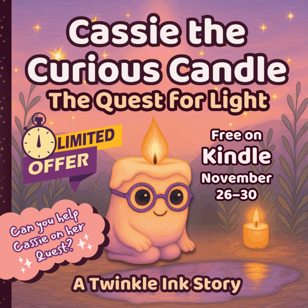 Promotional graphic for Cassie the Curious Candle: The Quest for Light, featuring Cassie wearing glasses with glowing candles around her. Includes text: Limited Offer, Free on Kindle November 26–30.