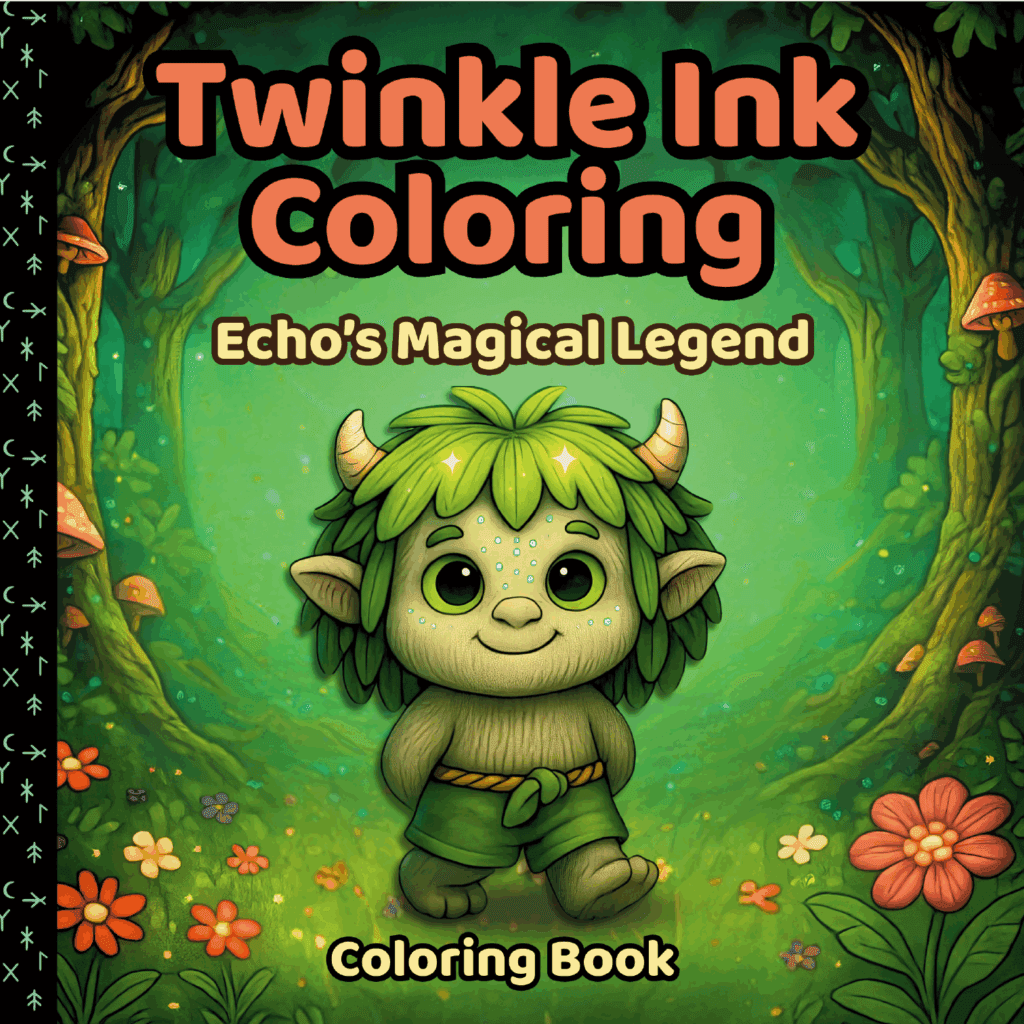 Book cover for Twinkle Ink Coloring: Echo’s Magical Legend — features Echo, a small green troll with leafy hair, sitting in a glowing forest circle surrounded by flowers, vines, and soft golden light.