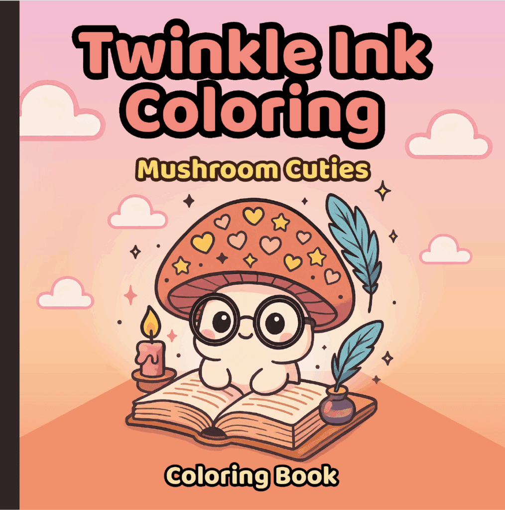 Book cover for Twinkle Ink Coloring: Mushroom Cuties — features a cute mushroom character with glasses reading a book, surrounded by stars and clouds in a soft pink and peach background.