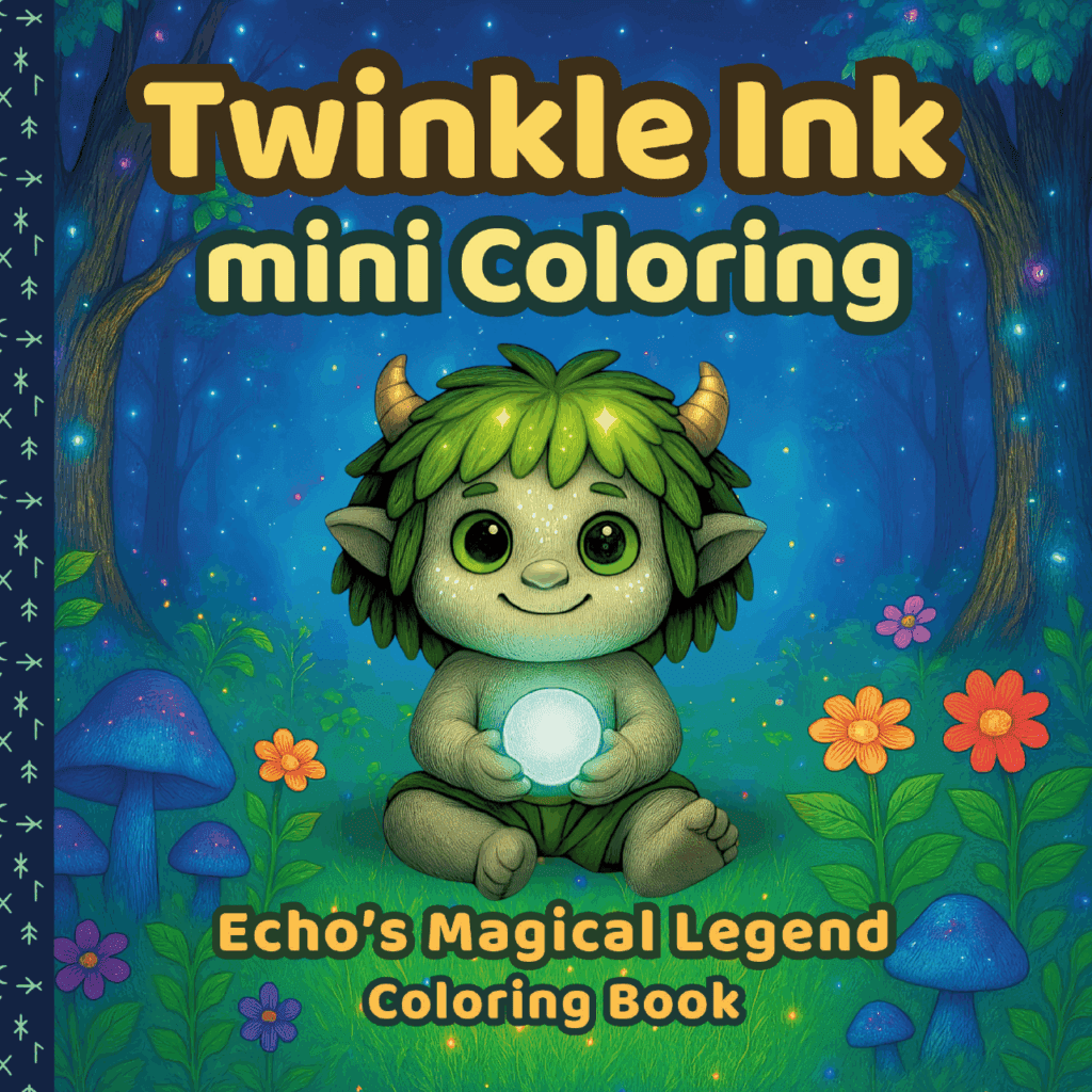 Book cover for Twinkle Ink Mini Coloring: Echo’s Magical Legend — features Echo, a small green troll with leafy hair, sitting peacefully under glowing forest lights surrounded by colorful mushrooms and flowers.