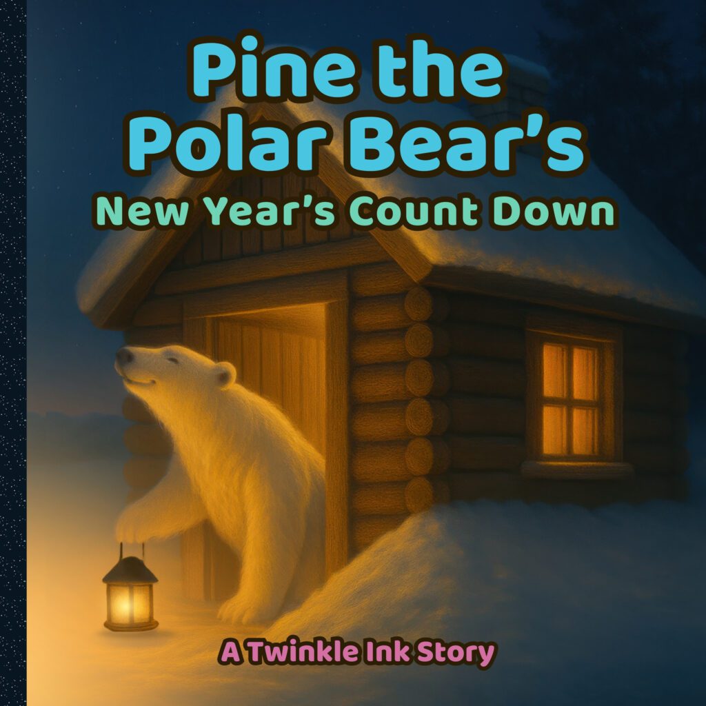 Book cover of Pine the Polar Bear’s New Year’s Count Down, showing a polar bear outside a cozy cabin at night with warm lantern light